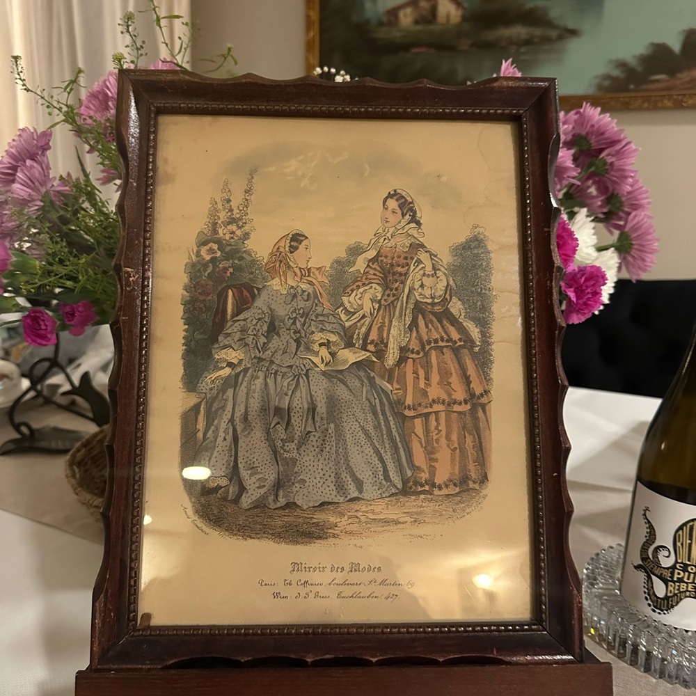 Vintage Fashion Illustration in Wooden Frame